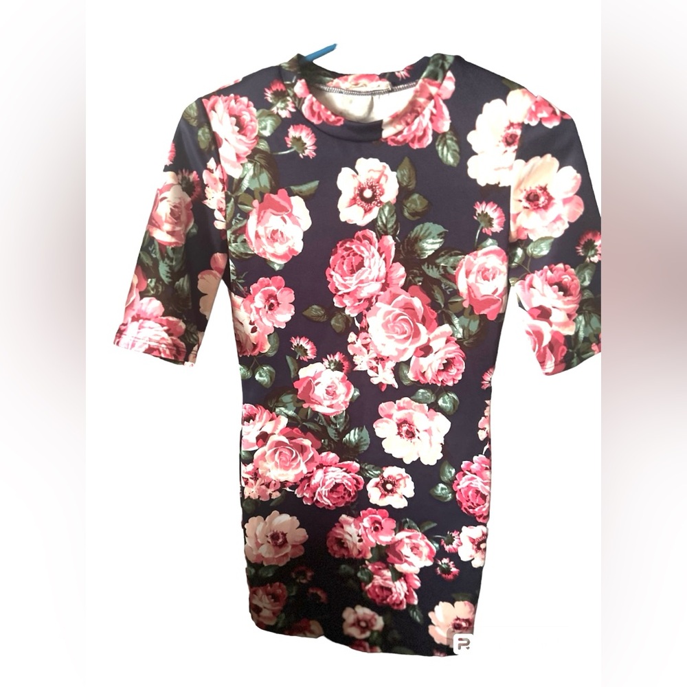 Floral Bodycon Dress Navy Pink Roses Half Sleeve Fitted Sheath Dress - Picture 7 of 9